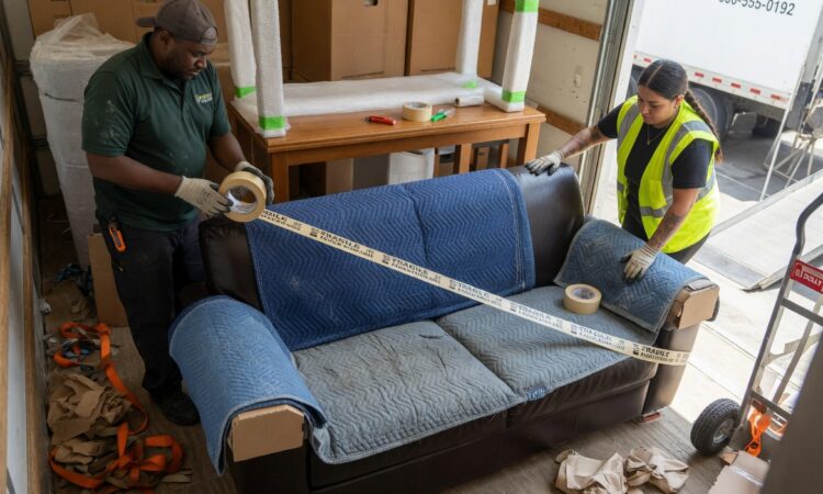 movers wrapping furniture